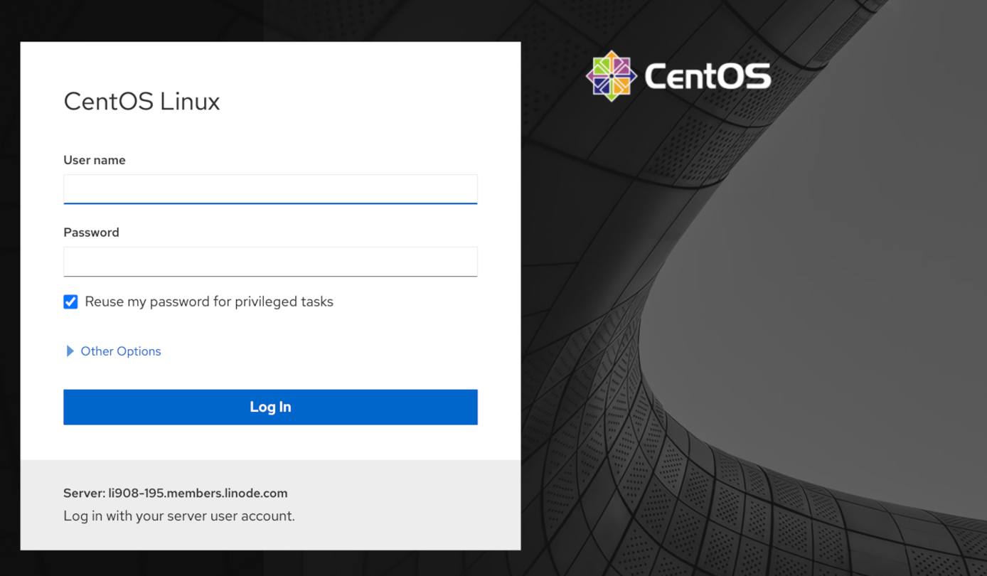 CentOS Cockpit Login Screen CentOS Cockpit Login Screen